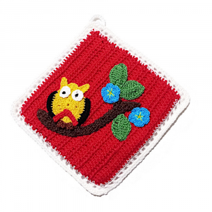 Presina rossa con gufetto giallo ad uncinetto 18.5 cm - Crochet by Patty
