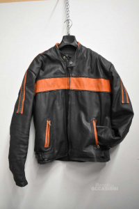 Jacket Motorcycle Man True Leather Size .xl Black Orange Processing Artigiana