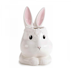 Portavaso coniglio con fiori in rilievo per Pasqua in ceramica 20x20.5x33 cm