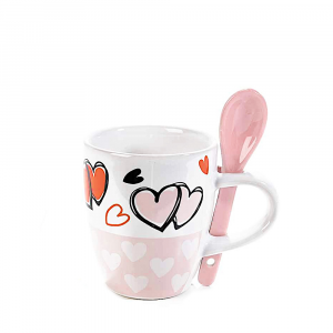 Tazzina da caffè con cuori in porcellana e cucchiaino rosa 5.5x7 cm