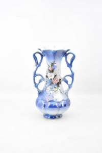 Ceramic Vase Binaco And Blue With Flowers In Relief H 23 Cm