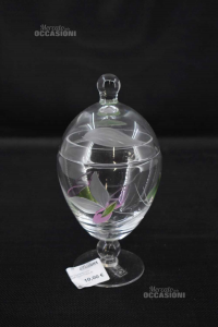 Vase In Glass With Lid Drawing Flower Pink With Leaves Green H 21 Cm