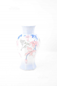 Ceramic Vase White With Flowers Pink And Blue Bareuther Bavaria H 25 Cm