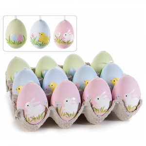 12 uova di Pasqua in plastica dipinte a mano da appendere in espositore