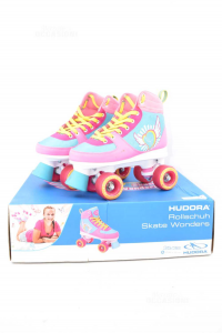Pattini A Rotelle Per Bimba Skate Wonders N 35/ 36 Rosa E Blu Con Scatola