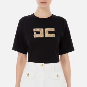 T-Shirt Elisabetta Franchi Cropped con Ricamo e Lucchetto - Nero