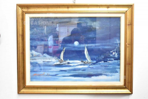 Painting Painted Author Micol Pair Navi Su Oceano Of Night Size 70x90 Cm