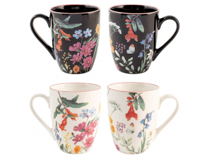 H&H tazza mug porcellana fiori nera o bianca