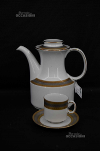 6 Tassen + Untertassen + Teekanne Aus Keramik Winterling Bordo Golden