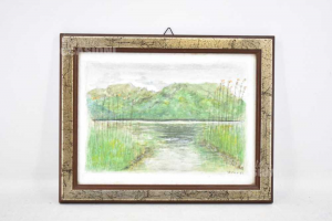 Small Painting - Oil Levico Moro Italo Depicting Pond 28x22 Cm