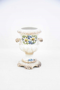 Ceramic Vase White With Pattern Flowers Green / Blue H 17 Cm