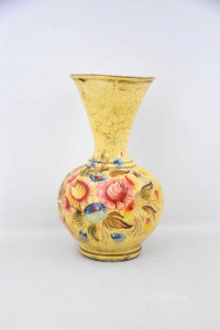 Ceramic Vase Yellow With Drawing Flowers Pink And Yellow H 35 Cm