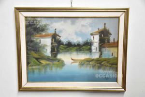 Painting Landscape Case With Lake 84x63 Cm