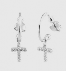 By Simon - Orecchini in Argento 925 cerchietto con croce pendente impreziosita da zirconi bianchi