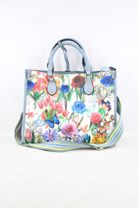 Bag Woman In Faux Leather Butxfly Fantasy Floral Light Blue New