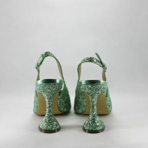 Sandalo cerimonia donna verde glitter con tacco a rocchetto.