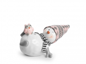 H&H Pupazzo Di Neve In Ceramica Sdraiato Colore Grigio E Rosa Cm19