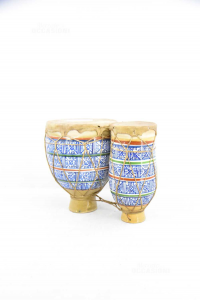 Drum African Double In Terracotta Painted Blue 32x25x20 Cm