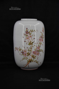 Vaso Portafiori In Ceramica Dipinto A Mano Fiori Rosa H 33 Cm