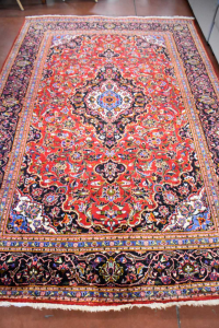 Teppich Iraniano Rot Fantasie Blumen Blau / Blau 305x203 (lavato) Cm