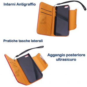 Custodia Wallet per iPHONE 5 -Nero/Arancio chiusura magnet.