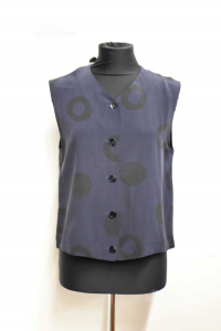 Shirt Woman Sleveless 100% Silk Blue Dark Circles Black Size 40
