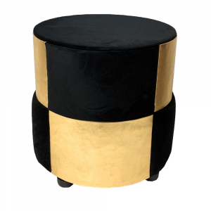 Pouf, round storage table covered in black velvet and gold faux leather 46x46 cm made in Italy