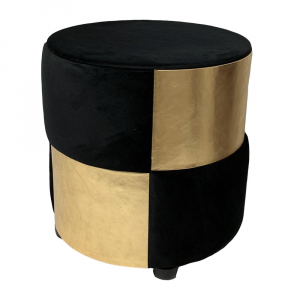 Pouf tavolino contenitore tondo rivestito in velluto nero ed ecopelle oro 46x46 cm made in Italy