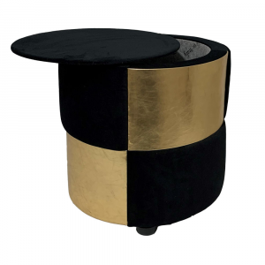 Pouf tavolino contenitore tondo rivestito in velluto nero ed ecopelle oro 46x46 cm made in Italy
