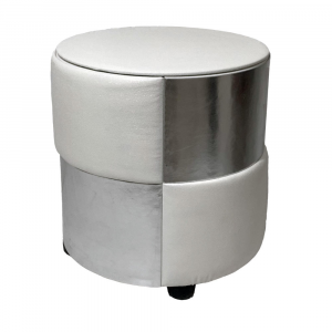 Pouf tavolino contenitore tondo rivestito in ecopelle bianca e argento 46x46 cm made in Italy