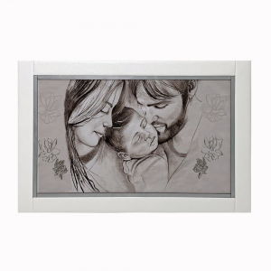 Nara painting on canvas Holy Family with mirrored silver leaf and white eco-leather frame 60x90 cm
