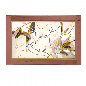 Quadro Nara su canvas con disegno bacio con glitter oro e cornice in velluto color salmone 60x90 cm