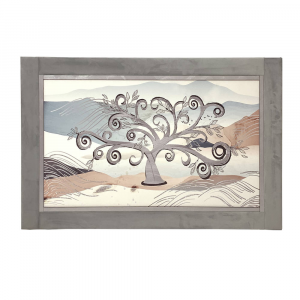Quadro Nara su canvas albero della vita e glitter argento con cornice in velluto color grigio chiaro 60x90 cm