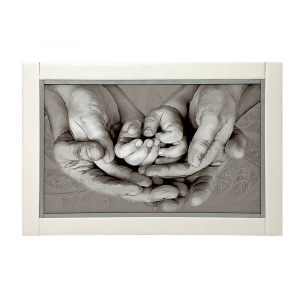 Nara painting on canvas hands design with silver glitter and white eco-leather frame 60x90 cm