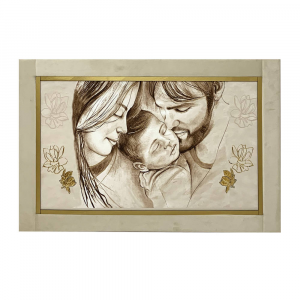 Nara painting on canvas Holy Family with mirrored gold leaf and cream-colored velvet frame 60x90 cm