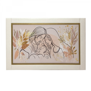 Nara painting on canvas Holy Family with mirrored gold leaf and white eco-leather frame 60x90 cm