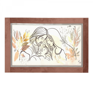 Nara painting on canvas Holy Family with mirrored silver leaf and salmon-colored velvet frame 60x90 cm