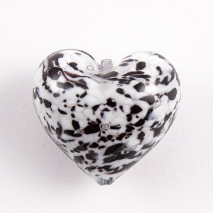 Perla cuore in vetro di Murano 30 mm. Vetrobianco e nero puntinato e foro passante per bigiotteria.