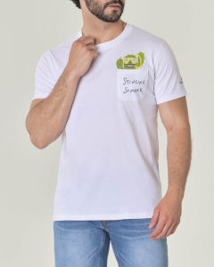 T-shirt bianca mezza manica in jersey di cotone con taschino e stampa cactus