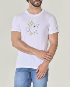 T-shirt bianca mezza manica in jersey di cotone con stampa pesce palla
