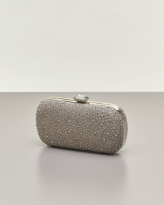 Clutch rigida grigia a forma ovale in lurex con strass tono su tono  applicati sul davanti