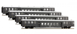 Treno vicinale FS Tipo 1965 piano ribassato, 2 vetture di 2a classe, una mista 1a e 2a classe 1 vettura pilota.grigio ardesia.