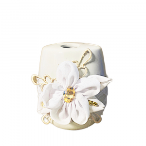 Porta spazzolini bianco con fiore in ceramica 9.5x6.5 cm - Creazioni Artistiche