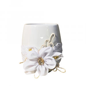 Porta spazzolini bianco in ceramica con fiore 9.5x6.5 cm - Creazioni Artistiche