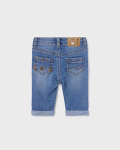 Jeans a lavaggio medio con schiariture ed elastico inserito in vita 6-18 mesi