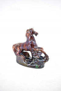 Statue Pferd In Terrakotta Emailliert Braun (Defekte) 26x25 Cm
