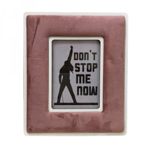 Single wooden photo frame covered in salmon colored velvet with white details made in Italy