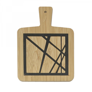Hand-decorated bamboo cutting board with black geometric lines pattern made in Italy