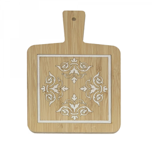 Hand-decorated bamboo cutting board with white damask pattern made in Italy