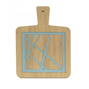 Hand-decorated bamboo cutting board with blue geometric lines pattern made in Italy